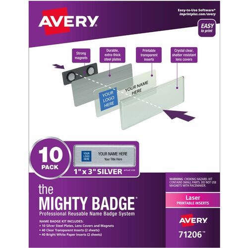The Mighty Badge Name Badge Holder Kit, Horizontal, 3 x 1, Laser, Silver, 10 Holders and 80 Inserts/Kit