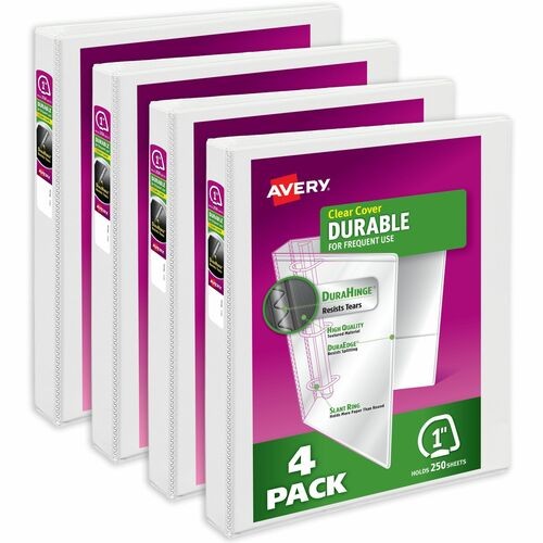 DURABLE VIEW BINDER WITH DURAHINGE AND SLANT RINGS, 3 RINGS, 1" CAPACITY, 11 X 8.5, WHITE, 4/PACK