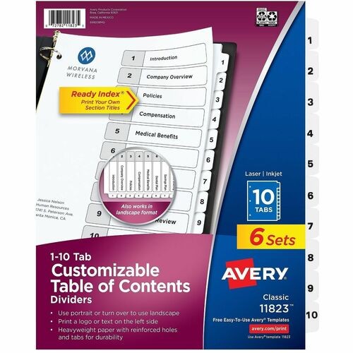 Dividers, Table of Contents, 10-Tab, Letter, 6ST/PK, BK/WE