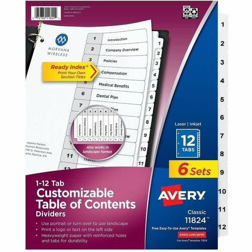 Customizable Table of Contents Ready Index Black and White Dividers, 12-Tab, 1 to 12, 11 x 8.5, White, 6 Sets
