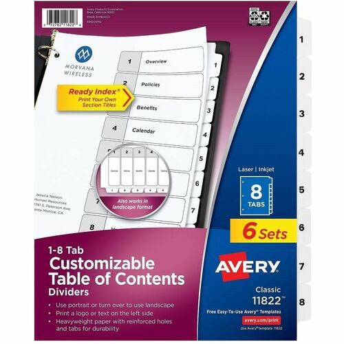 Customizable Table of Contents Ready Index Black and White Dividers, 8-Tab, 1 to 8, 11 x 8.5, White, 6 Sets