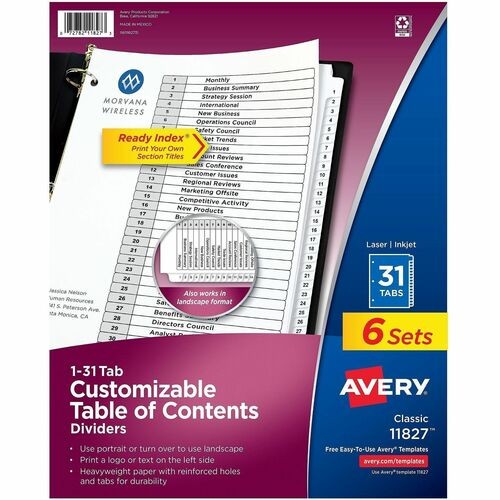 Customizable Table of Contents Ready Index Black and White Dividers, 31-Tab, 1 to 31, 11 x 8.5, White, 6 Sets