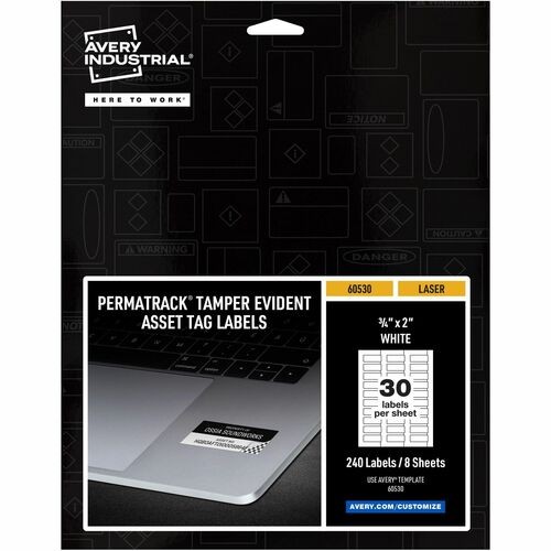 PERMATRACK TAMPER-EVIDENT ASSET TAG LABELS, LASER PRINTERS, 0.75 X 2, WHITE, 30/SHEET, 8 SHEETS/PACK