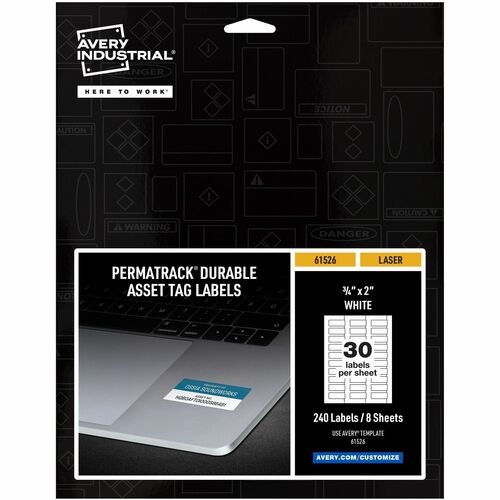 PERMATRACK DURABLE WHITE ASSET TAG LABELS, LASER PRINTERS, 0.75 X 2, WHITE, 30/SHEET, 8 SHEETS/PACK