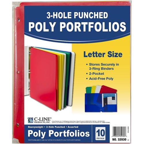 Two-Pocket Heavyweight Poly Portfolio Folder, 3-Hole Punch, 11 x 8.5, Assorted, 10/Pack
