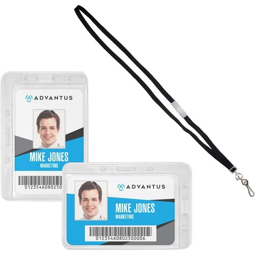 Antimicrobial ID Security Badge Lanyard Combo, Horizontal, Clear 4.13" x 2.88" Holder, 3.5" x 2.25" Insert, 36" Cord, 20/Pack