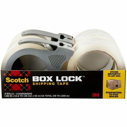 Box Lock Shipping Packaging Tape With Dispenser, 3" Core, 1.88" X 54.6 Yds, Clear, 4/pack