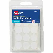 ID Labels, Removable, 3/4"Dia, 315/PK, 36/CT, Matte White