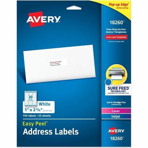 Address Labels, Laser/Inkjet, 1"x2-5/8", 750/PK, 5/CT, WE