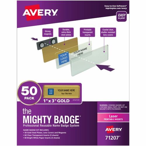 Badge Kit, Magnetic, Laser, Reusable, 1"x3", 50/PK, 5/KT, Gold