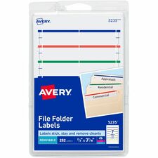 Filing Labels, Removable, 1/3 Cut, 252/PK, 18PK/CT, AST