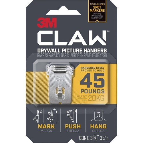 claw drywall picture hanger, stainless steel, 45 lb capacity, 3 hooks and 3 spot markers