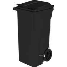 Trash Receptacle, Step-On, Plastic, w/Handles, 32 Gal, Black