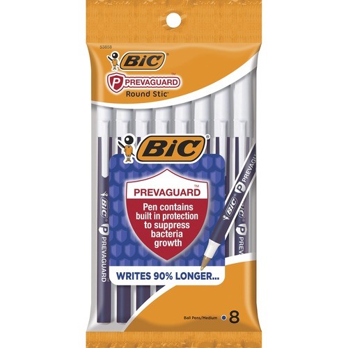 PrevaGuard Round Stic Ballpoint Pen, Stick, Medium 1 mm, Blue Ink, Blue Barrel, 8/Pack
