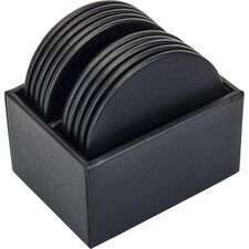 Coaster Set, 10 Round, Leatherette, 4-3/5"x4-3/5"x3-1/2", BK