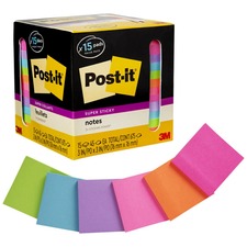Post-it Notes, Super Sticky, 3"x3", 45Sht/PD, 15PD/PK, AST