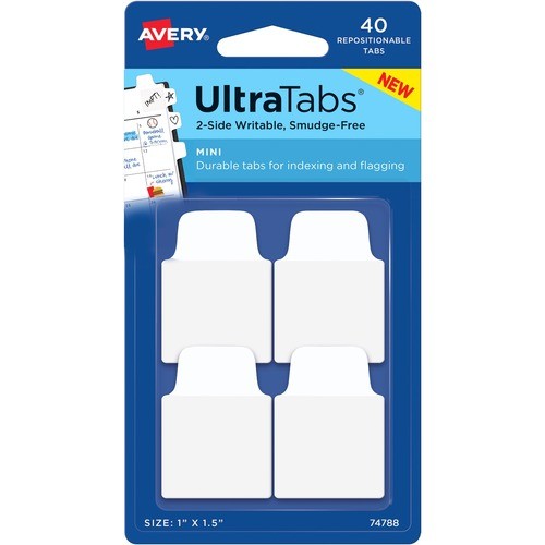 Ultra Tabs Repositionable Tabs, 1/10-Cut, 1" Wide, White, 40/Pack