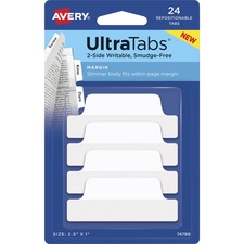 Tabs, Ultra, 2-Side Writable, Margin, 2-1/2"x1", 24/PK, White