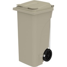 Trash Receptacle, Step-On, Plastic, w/Handles, 32 Gal, Tan