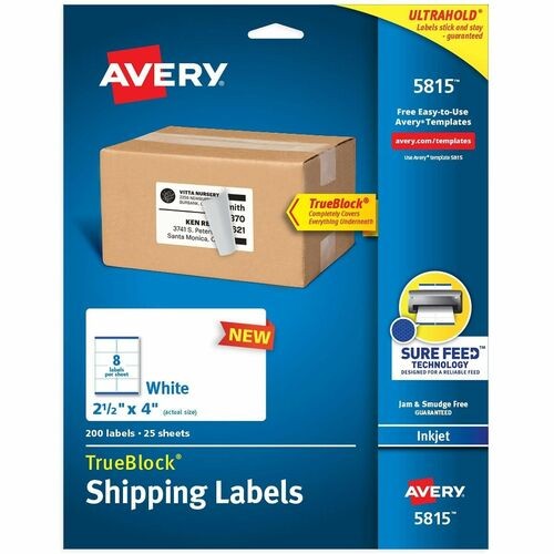Shipping Labels with TrueBlock Technology, Inkjet Printers, 2.5 x 4, White, 8 Labels/Sheet, 25 Sheets/Pack