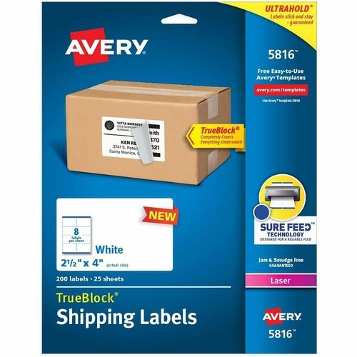 Shipping Labels with TrueBlock Technology, Laser Printers, 2.5 x 4, White, 8/Sheet, 25 Sheets/Pack