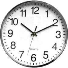 Clock, Wall, Metal, 12"Dia, 1-3/4"D, Chrome/White