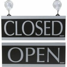 Sign, Open/Closed, 2-Sided, Suction Cups, 13"x5", Silver/Black
