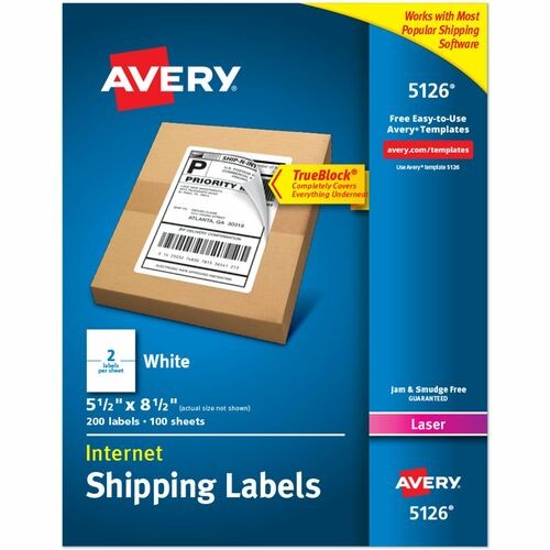 SHIPPING LABELS W/ TRUEBLOCK TECHNOLOGY, LASER PRINTERS, 5.5 X 8.5, WHITE, 2/SHEET, 100 SHEETS/BOX