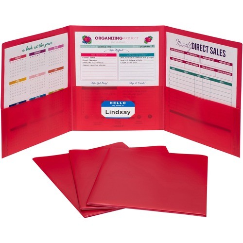 Portfolio, 3-Pocket, w/Card Holder, Poly, Letter, 24/BX, Red