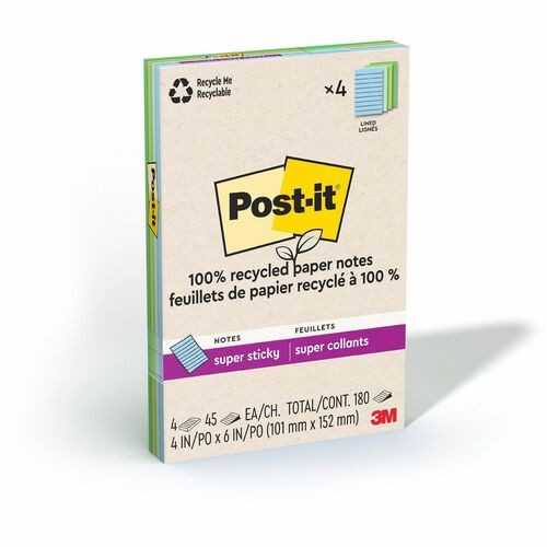 100% recycled paper super sticky notes, ruled, 4" x 6", oasis, 45 sheets/pad, 4 pads/pack