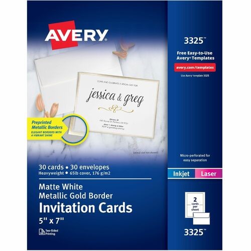 Invitation Cards with Metallic Border, Inkjet/Laser, 80 lb, 5 x 7, Matte White, 2 Cards/Sheet, 15 Sheets/Pack
