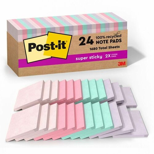 100% recycled paper super sticky notes, 3" x 3", wanderlust pastels, 70 sheets/pad, 24 pads/pack