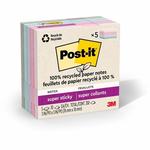 100% recycled paper super sticky notes, 3" x 3", wanderlust pastels, 70 sheets/pad, 5 pads/pack