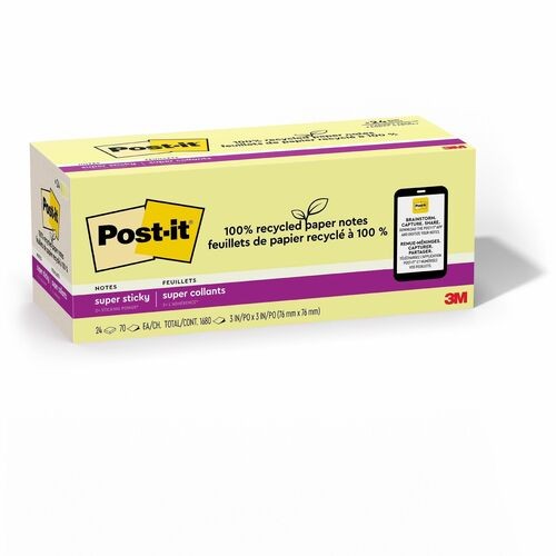 100% recycled paper super sticky notes, 3" x 3", canary yellow, 70 sheets/pad, 24 pads/pack