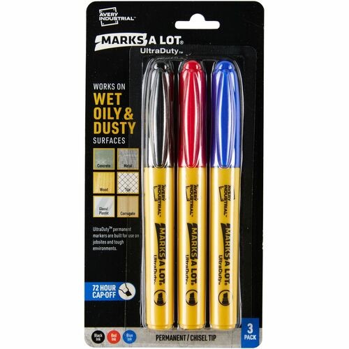 Markers, Permanent, Industrial, Chisel, 0.5mm, 3/PK, BK/RD/BE