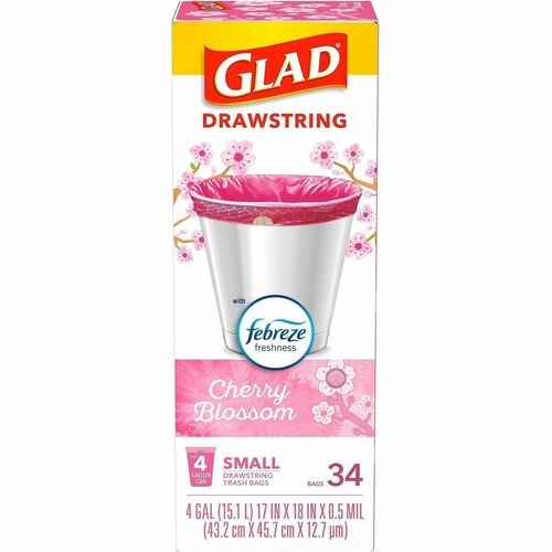 OdorShield Small Drawstring Trash Bags, 4 gal, Cherry Blossom Scent, 0.5 mil, 18" x 17", Pink, 34/Box