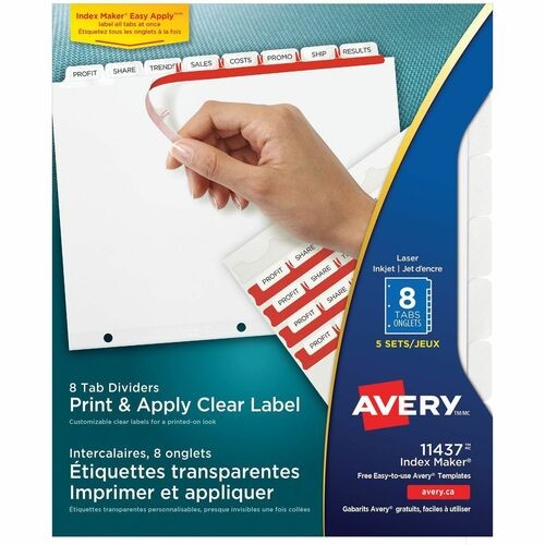 Print and Apply Index Maker Clear Label Dividers, 8-Tab, 11 x 8.5, White, 5 Sets