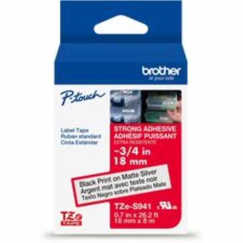 Label Tape, Xtra-Strgth, f/P-touch, 0.7"x26.2', BKonMatte Silver