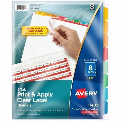 Print and Apply Index Maker Clear Label Dividers, 8-Tab, Color Tabs, 11 x 8.5, White, Traditional Color Tabs, 1 Set
