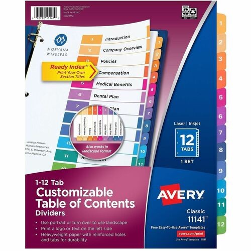Customizable TOC Ready Index Multicolor Tab Dividers, 12-Tab, 1 to 12, 11 x 8.5, White, Traditional Color Tabs, 1 Set