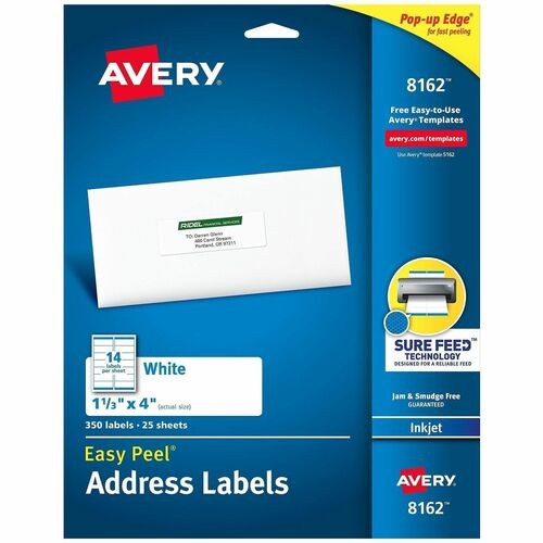 EASY PEEL WHITE ADDRESS LABELS W/ SURE FEED TECHNOLOGY, INKJET PRINTERS, 1.33 X 4, WHITE, 14/SHEET, 25 SHEETS/PACK