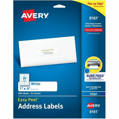 Easy Peel White Address Labels W/ Sure Feed Technology, Inkjet Printers, 1 X 4, White, 20/sheet, 25 Sheets/pack