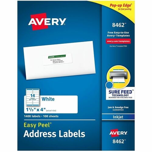 Easy Peel White Address Labels W/ Sure Feed Technology, Inkjet Printers, 1.33 X 4, White, 14/sheet, 100 Sheets/box