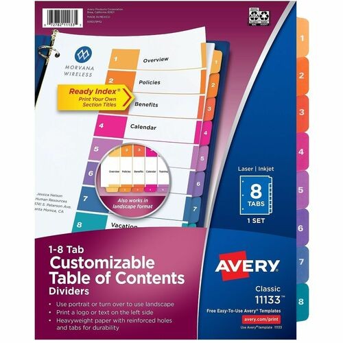 Customizable TOC Ready Index Multicolor Tab Dividers, 8-Tab, 1 to 8, 11 x 8.5, White, Traditional Color Tabs, 1 Set