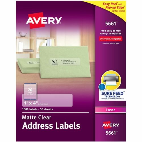 MATTE CLEAR EASY PEEL MAILING LABELS W/ SURE FEED TECHNOLOGY, LASER PRINTERS, 1 X 4, CLEAR, 20/SHEET, 50 SHEETS/BOX