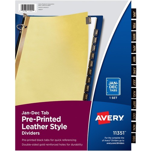 Preprinted Black Leather Tab Dividers w/Gold Reinforced Edge, 12-Tab, Jan. to Dec., 11 x 8.5, Buff, 1 Set