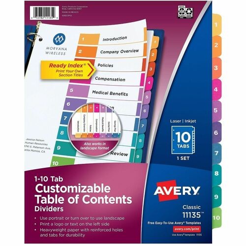Customizable TOC Ready Index Multicolor Tab Dividers, 10-Tab, 1 to 10, 11 x 8.5, White, Traditional Color Tabs, 1 Set
