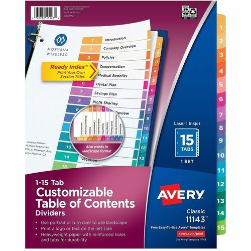 Customizable TOC Ready Index Multicolor Tab Dividers, 15-Tab, 1 to 15, 11 x 8.5, White, Traditional Color Tabs, 1 Set