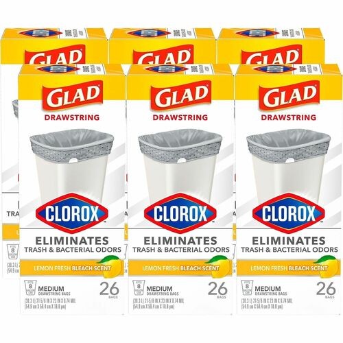 Trash Bags, Scented, LemonBleach, Drawstring, 8Gal, 26/PK, 6/CT, WE