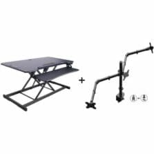 Desk Riser Bundle, Electric, 3Monitor, FixedKeyboardTray, HeightADjust, Grommet, AC&USB Outlets, Arm, Black